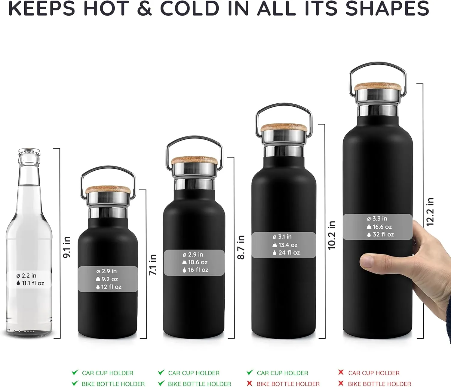 Bambaw Insulated Water Bottle 16 oz, Black Water Bottle, Stainless Steel Water Bottle, Dishwasher Safe Water Bottle, Travel Water Bottle No Straw, Metal Water Bottle – Jet Black