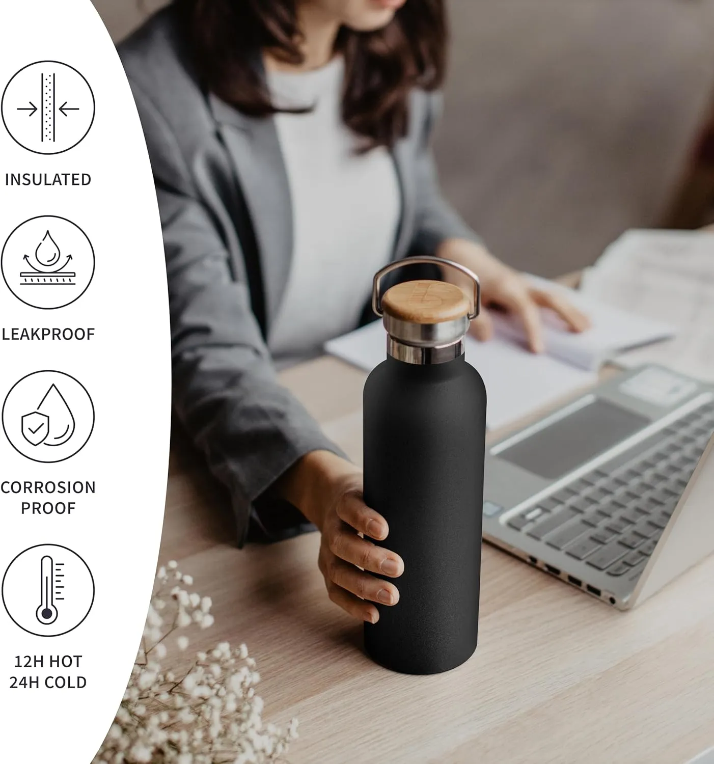 Bambaw Insulated Water Bottle 16 oz, Black Water Bottle, Stainless Steel Water Bottle, Dishwasher Safe Water Bottle, Travel Water Bottle No Straw, Metal Water Bottle – Jet Black