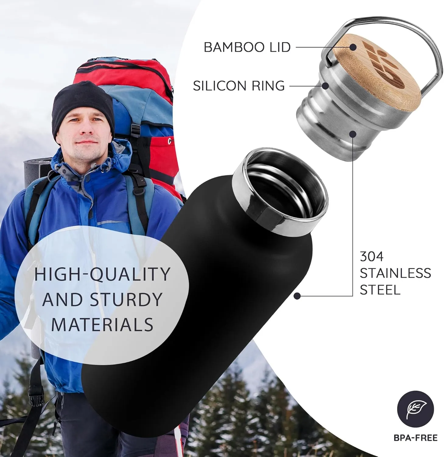 Bambaw Insulated Water Bottle 16 oz, Black Water Bottle, Stainless Steel Water Bottle, Dishwasher Safe Water Bottle, Travel Water Bottle No Straw, Metal Water Bottle – Jet Black