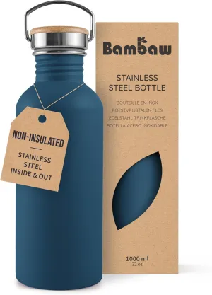 Bambaw Non-insulated Water Bottle 32oz, Blue Water Bottle with Handle, Stainless Steel Single Wall Water Bottle Dishwasher Safe, 1 Liter Water Bottles Reusable, Large Water Bottle – Aegean Blue