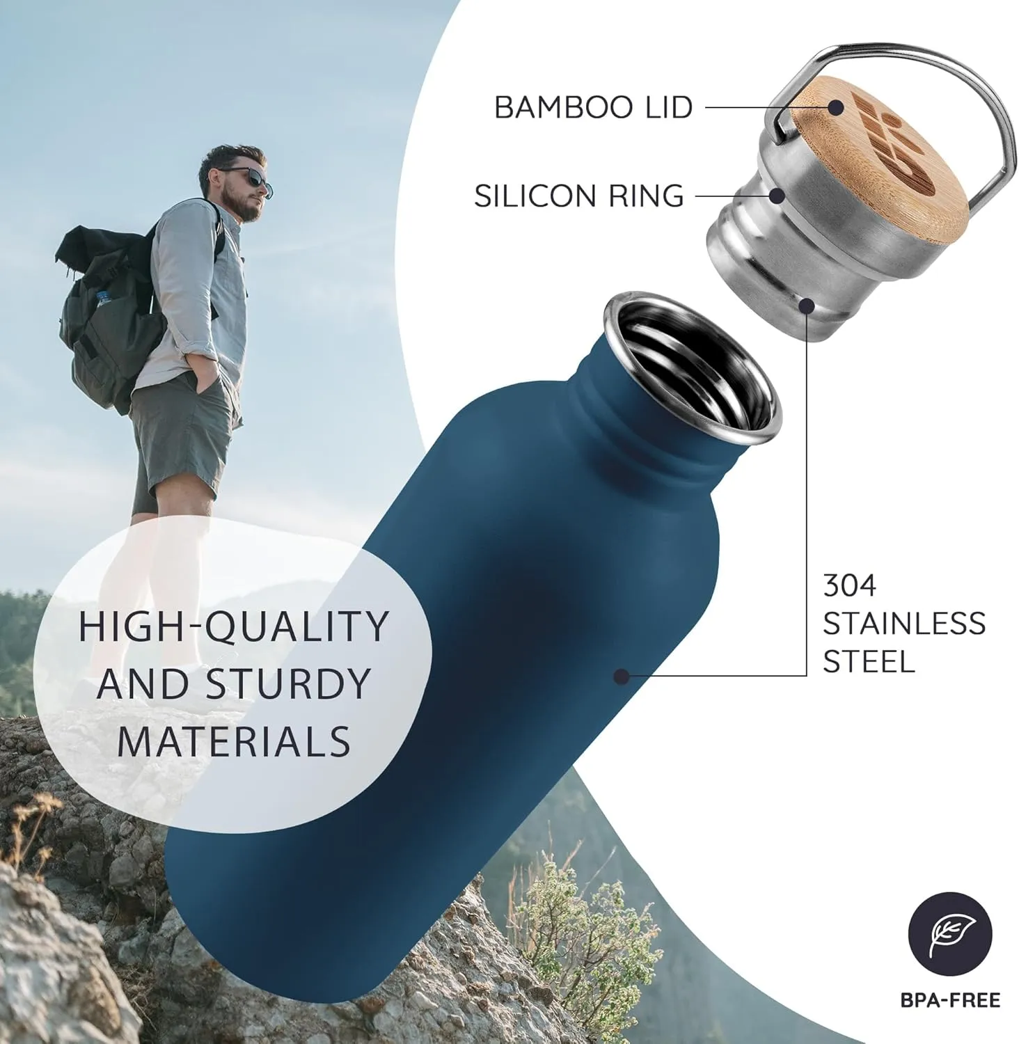 Bambaw Non-insulated Water Bottle 32oz, Blue Water Bottle with Handle, Stainless Steel Single Wall Water Bottle Dishwasher Safe, 1 Liter Water Bottles Reusable, Large Water Bottle – Aegean Blue