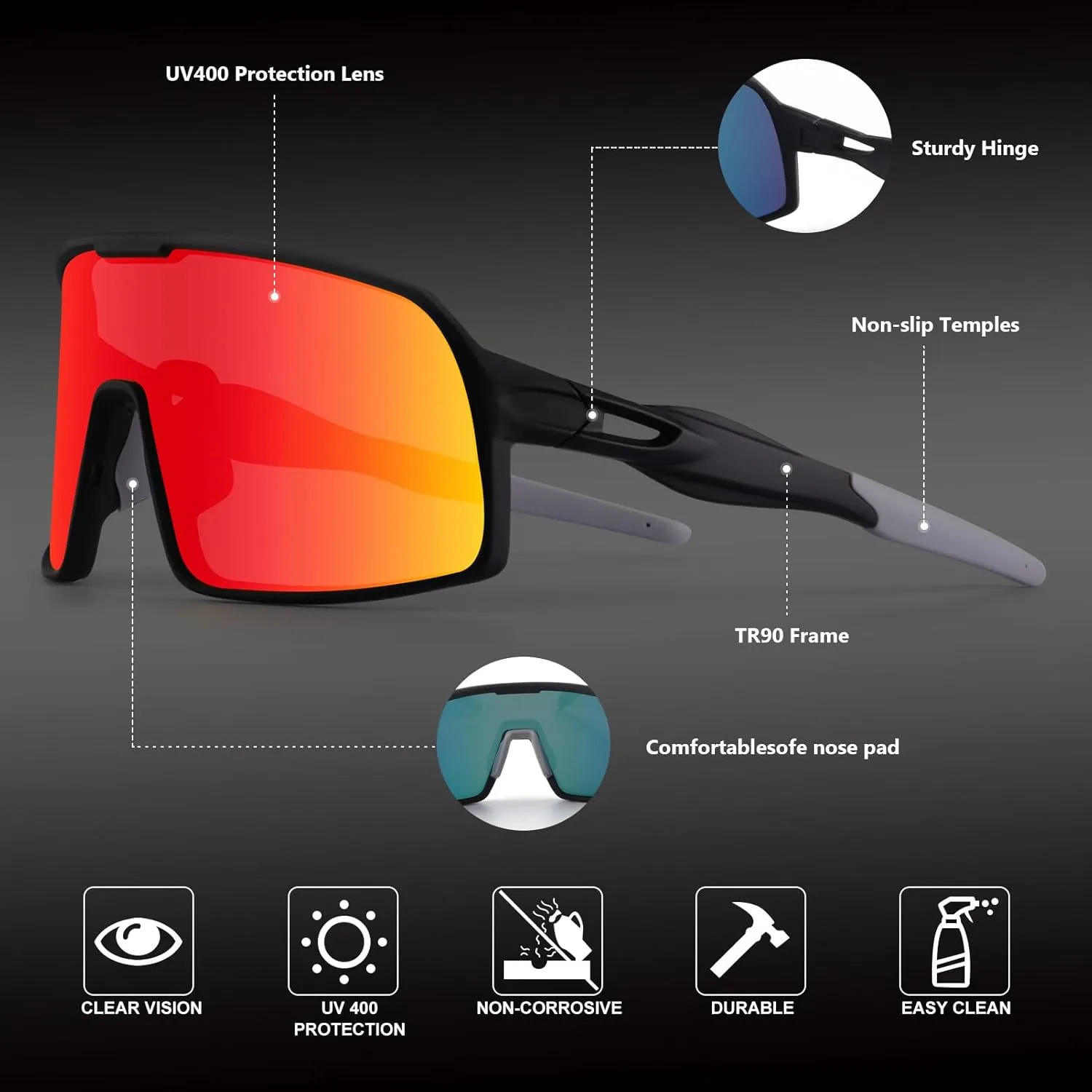 BangLong Polarized Cycling Glasses Sports Sunglasses, UV400 Protection, Men Women Running Fishing Driving Baseball Glasses