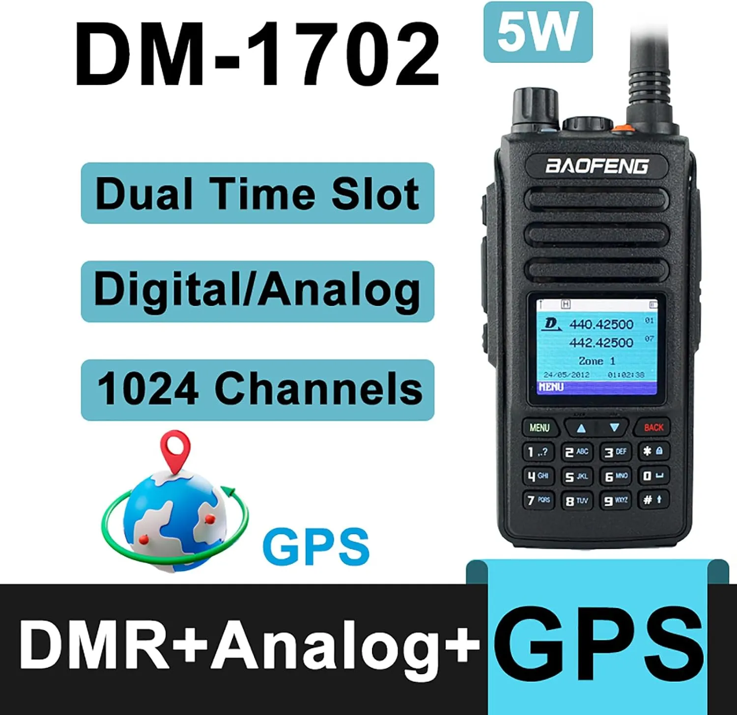 BAOFENG DM-1702 Digital Analog DMR Two Way Radio Dual Time Slot 1&2 5W UHF VHF Long Range with GPS Walkie Talkie for Adult with 48cm/18.89in Tactical Antenna Acoustic Headset
