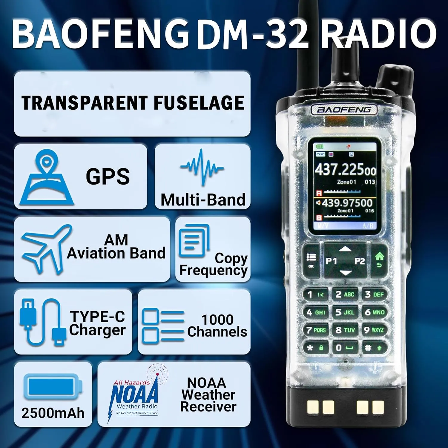 BAOFENG DM-32 DM32 10W Ham 2 Way Radio GPS Matching Writing Frequency Satellite Positioning Type-C DM32(1PC) (Transparent)