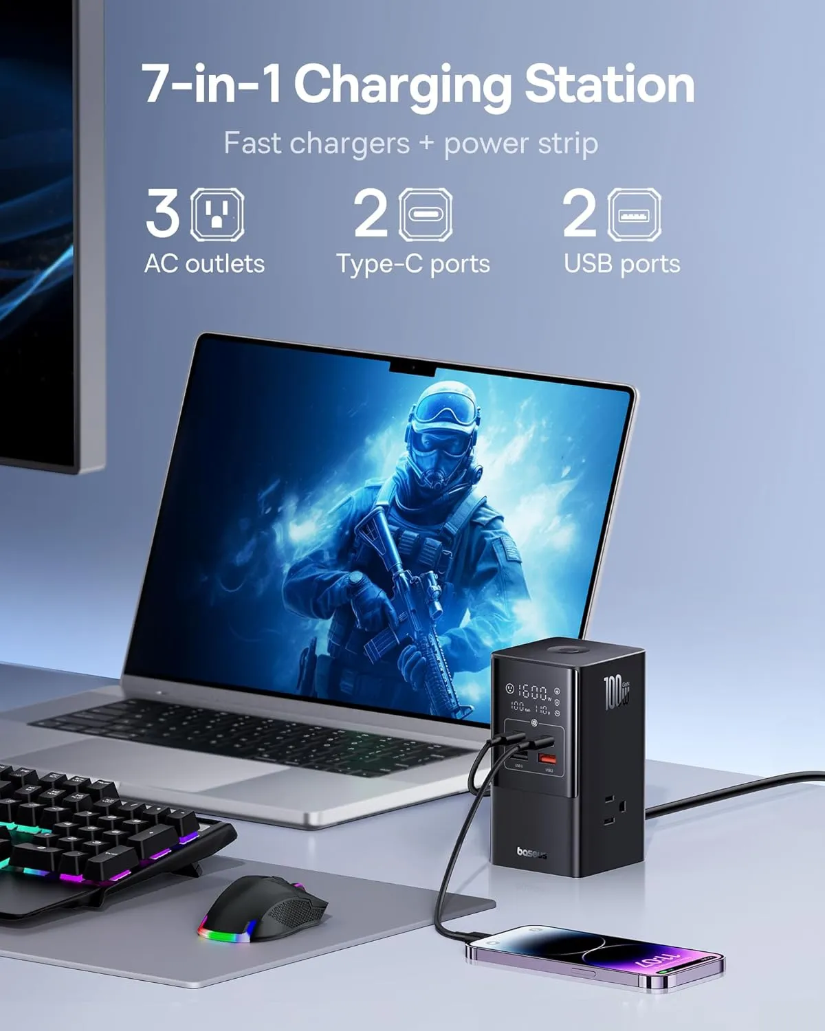 Baseus 7-in-1 USB C Charging Station, 100W PowerCombo Fast Charging Power Strip with 3AC 2U 2C USB, USB C Charging Station for Desktop Accessories, MacBook, Tablets in Office, Home and Dorm