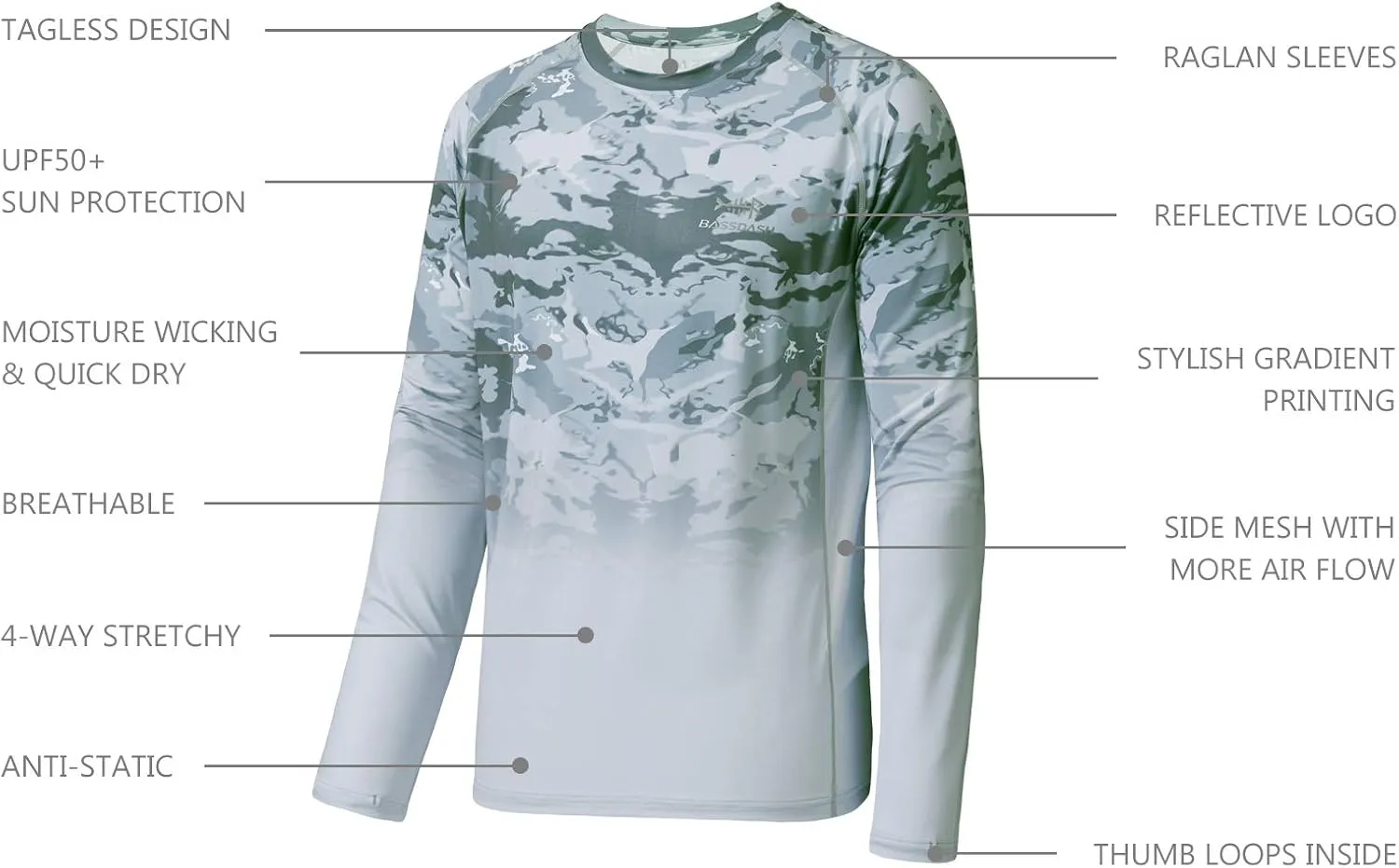 BASSDASH FS14M Men's Camo Gradient Performance Long Sleeve Fishing Shirt UPF50 