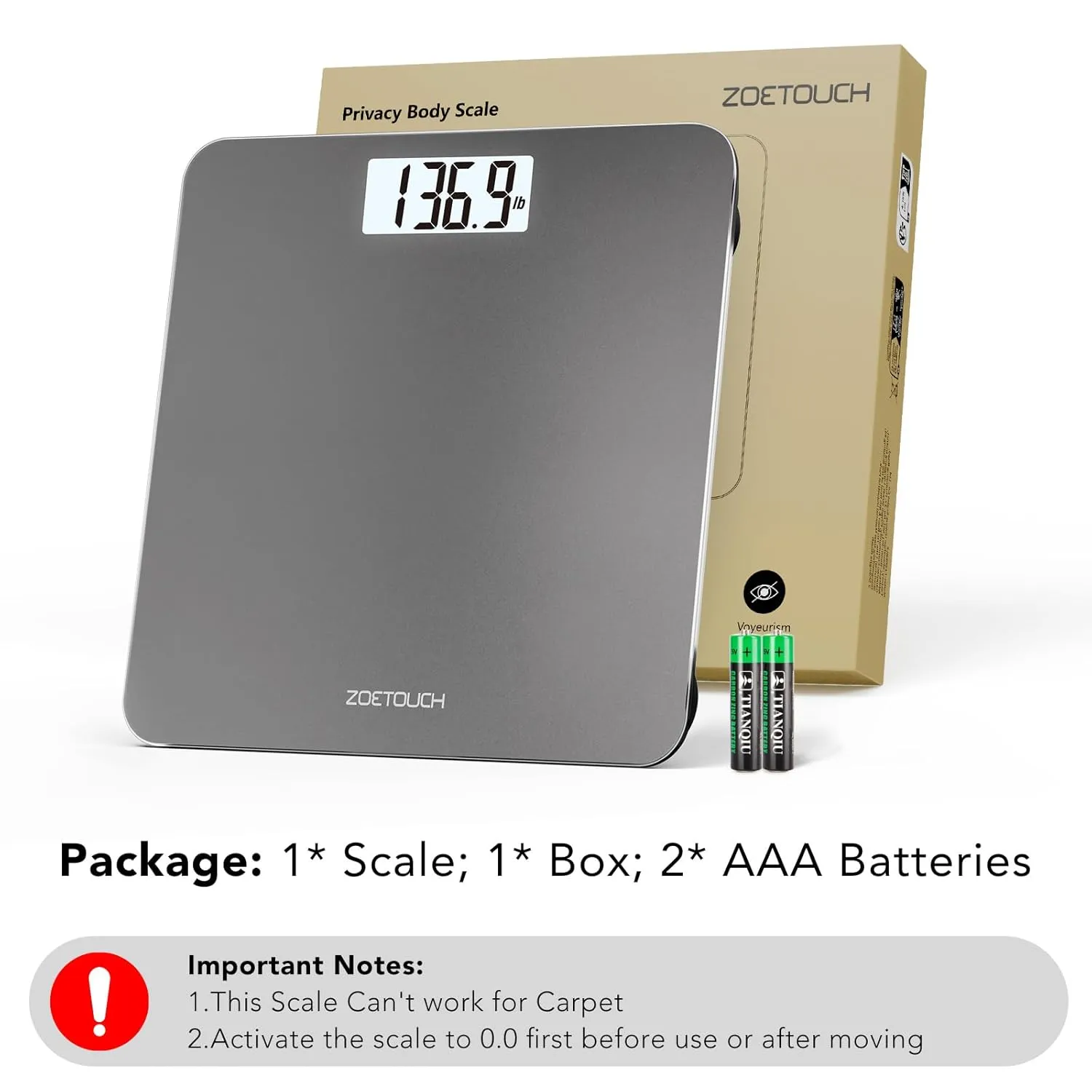 Bathroom Scale for Body Weight Digital Weighing Machine with Backlit LCD Display, Most Accurate Bath Scale for People, High Precision, Grey,Tempered Glass Batteries Included, 396lb/180kg