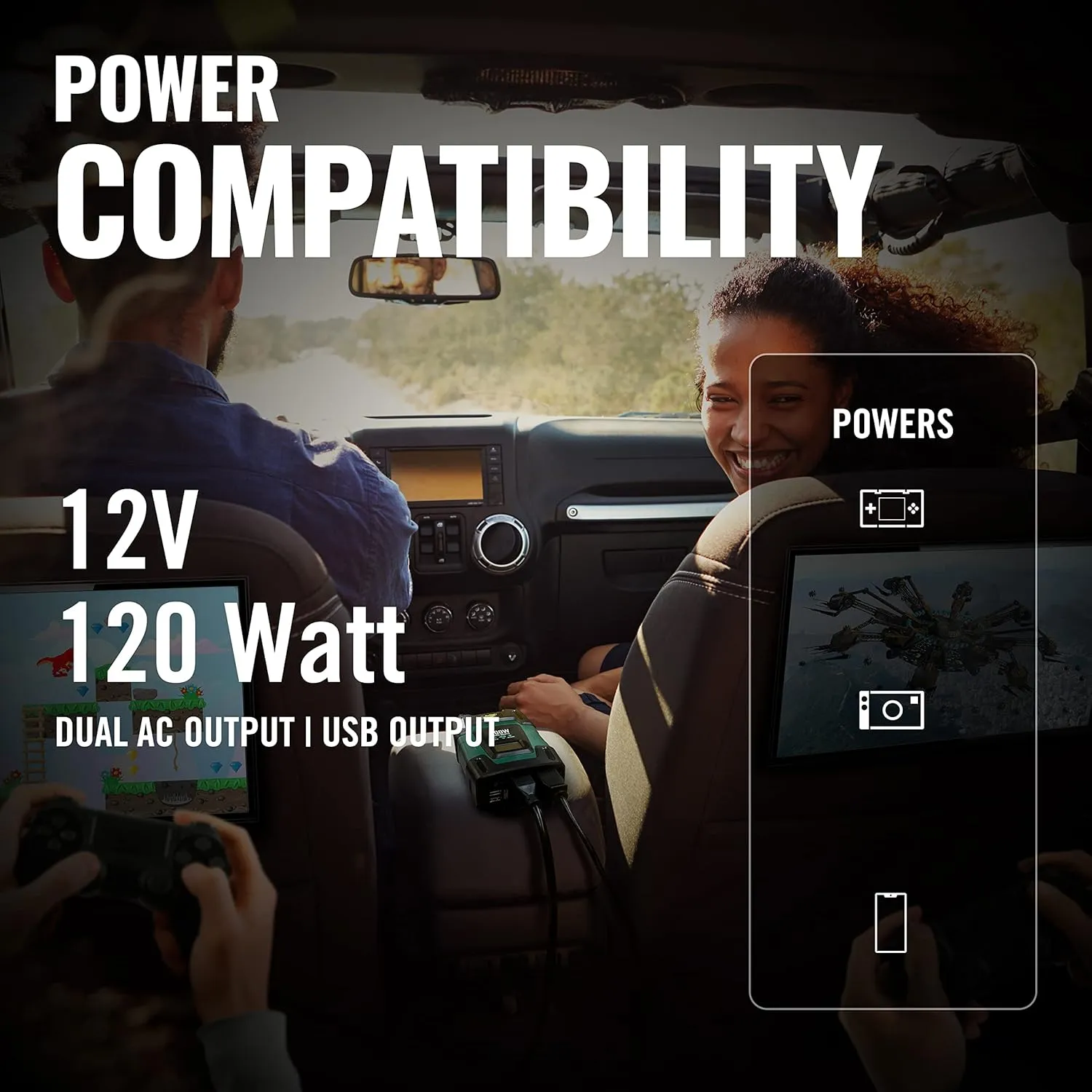 Battery Tender 120 Watt Power Inverter - 12 Volt DC to 115 Volt AC Car Inverter with 5 Volt Dual USB Car Adapter - Portable 120W Power for Camping, Lamps, Phones, and More - 026-0002-DL-WH