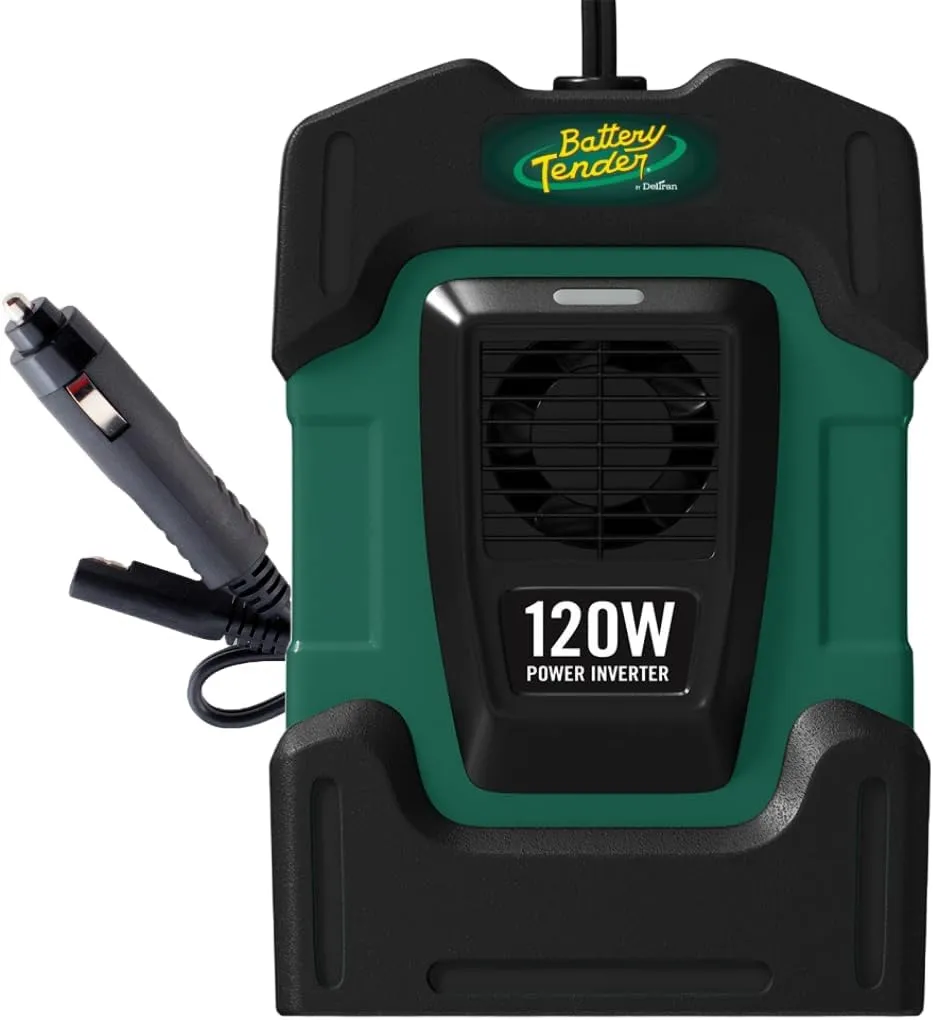 Battery Tender 120 Watt Power Inverter - 12 Volt DC to 115 Volt AC Car Inverter with 5 Volt Dual USB Car Adapter - Portable 120W Power for Camping, Lamps, Phones, and More - 026-0002-DL-WH