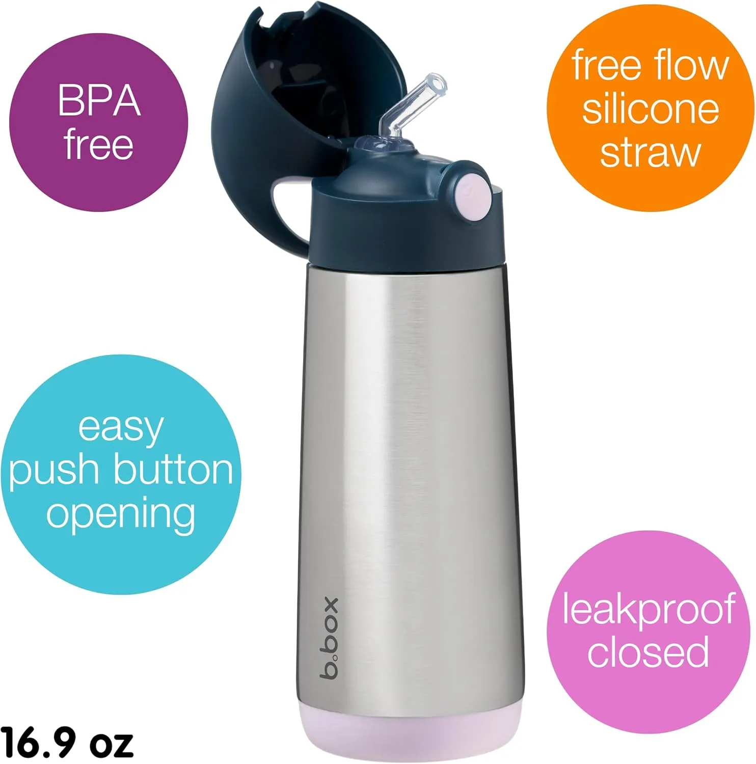 b.box 16.9 oz Insulated Water Bottle - Keeps Drinks Cold 15 Hours, Warm 8 Hours, Triple Wall Stainless Steel Kids Water Bottle w/Free Flow Silicone Straw, Leakproof & Dishwasher Safe