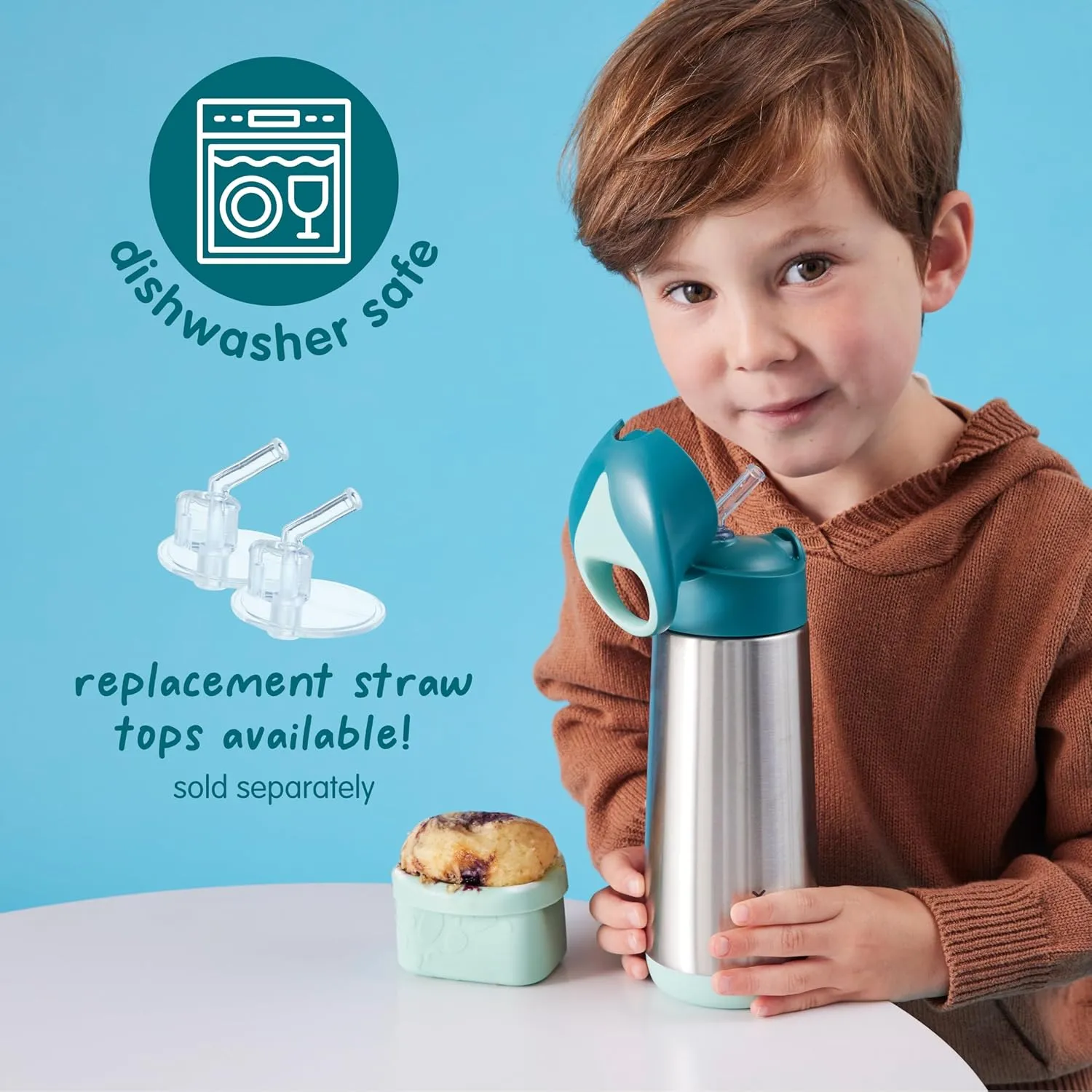b.box 16.9 oz Insulated Water Bottle - Keeps Drinks Cold 15 Hours, Warm 8 Hours, Triple Wall Stainless Steel Kids Water Bottle w/Free Flow Silicone Straw, Leakproof & Dishwasher Safe