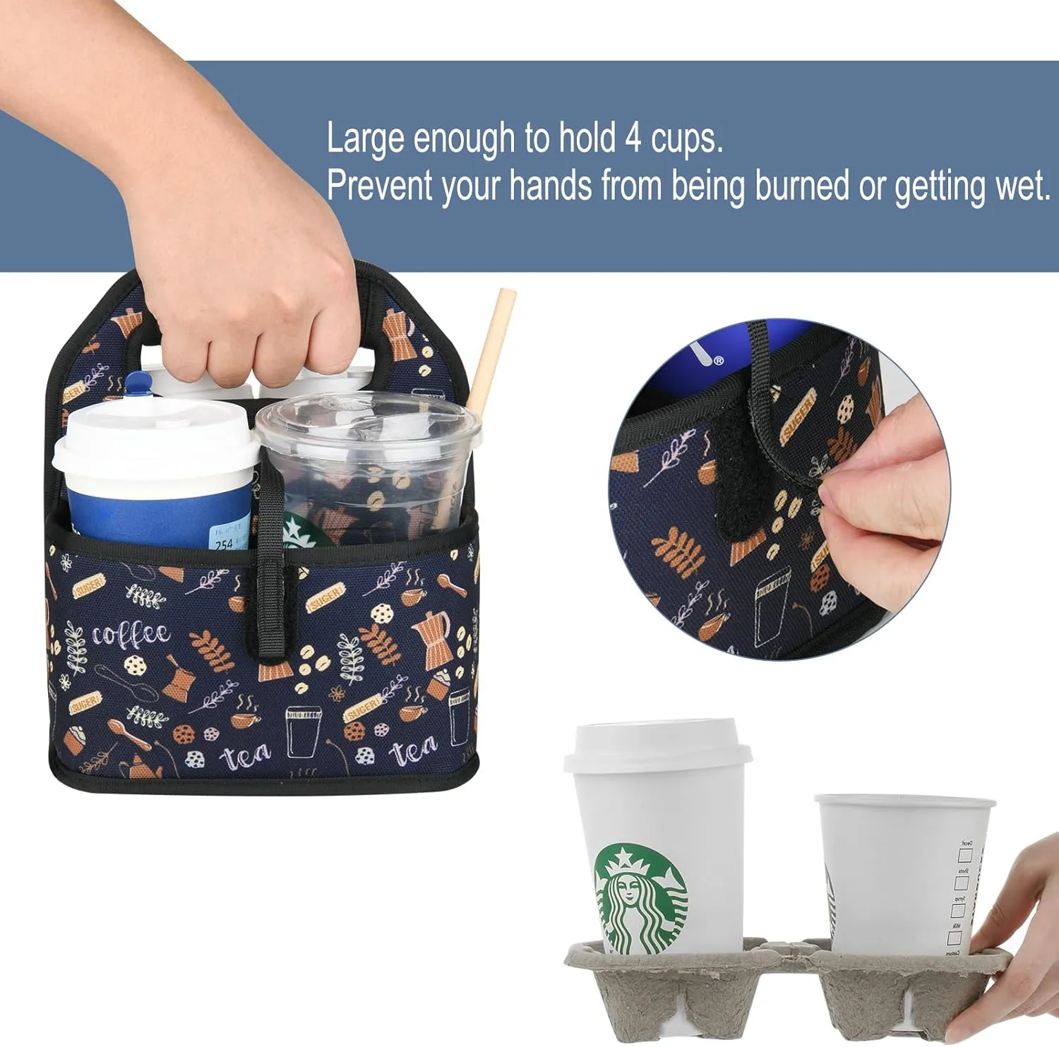 Beautyflier Reusable Insulated Coffee Cup Carrier, Portable Drink Holder with Handle Organizer Tote Bag for Hot & Cold Drinks (Coffee Utensils)