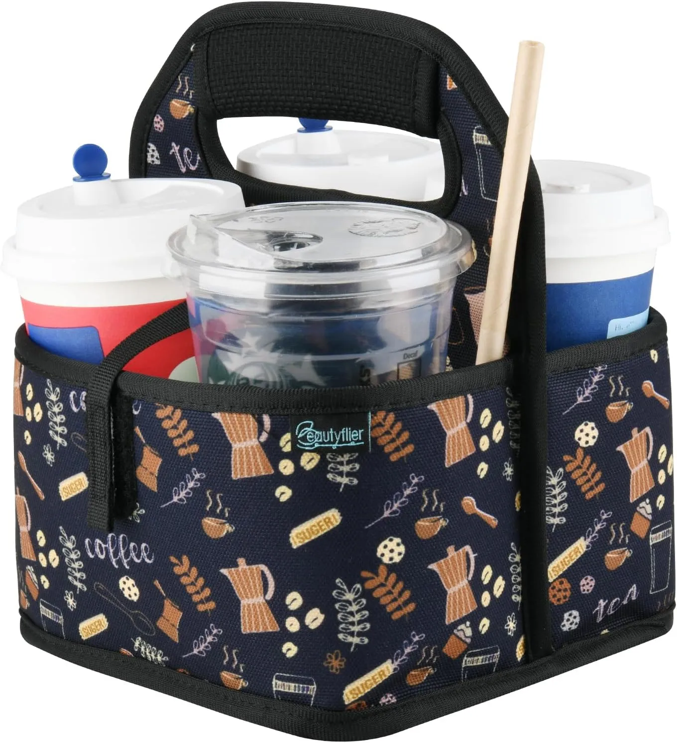 Beautyflier Reusable Insulated Coffee Cup Carrier, Portable Drink Holder with Handle Organizer Tote Bag for Hot & Cold Drinks (Coffee Utensils)