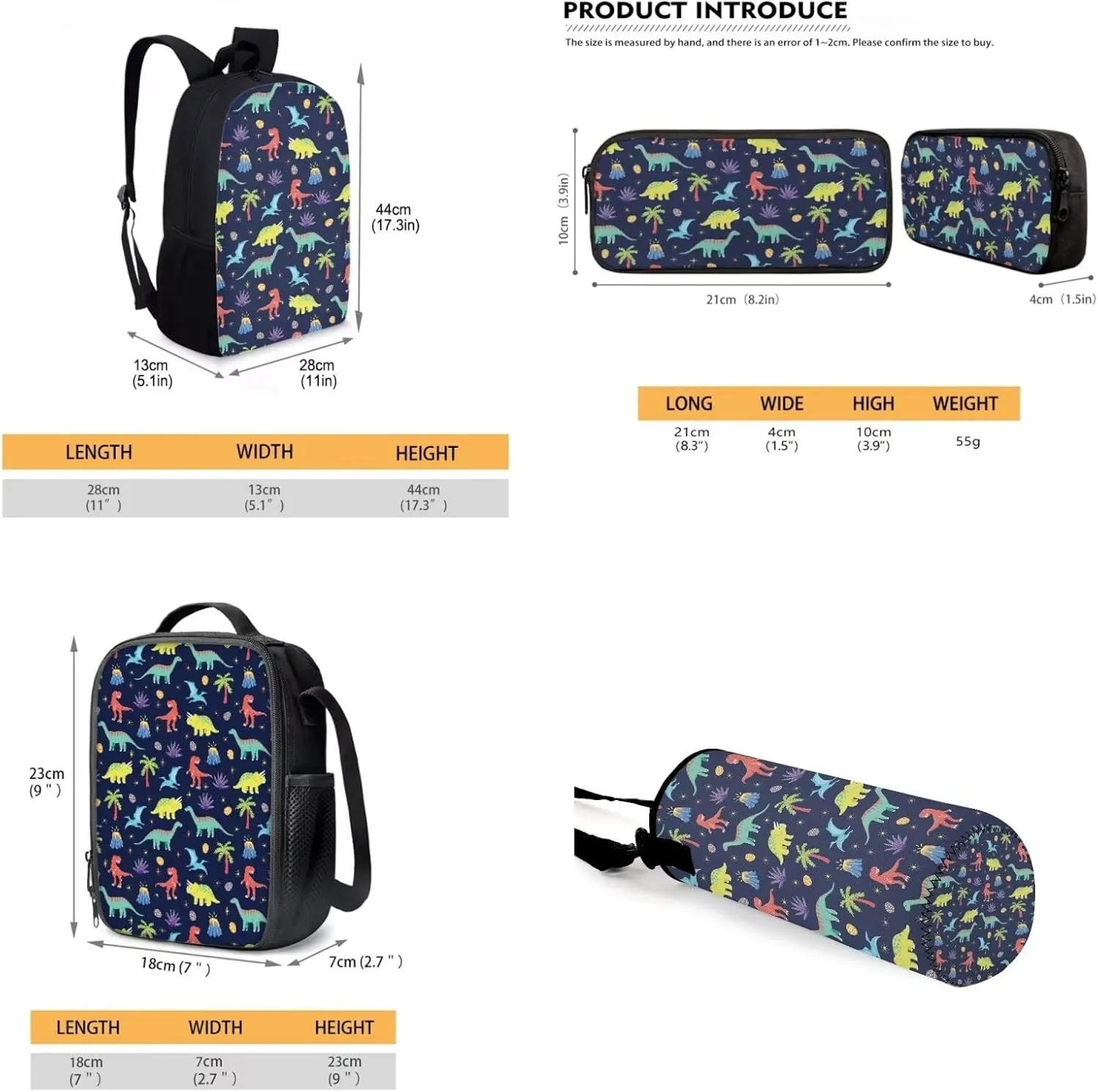 Belidome Cartoon Dinosaur Kids School Backpack Set 4pcs Lunch Pouch Soft Pencil Case 500-700ml Bottle Holder Bag