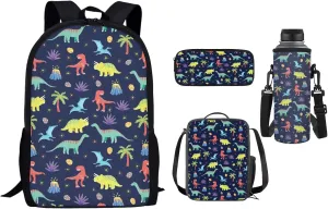 Belidome Cartoon Dinosaur Kids School Backpack Set 4pcs Lunch Pouch Soft Pencil Case 500-700ml Bottle Holder Bag