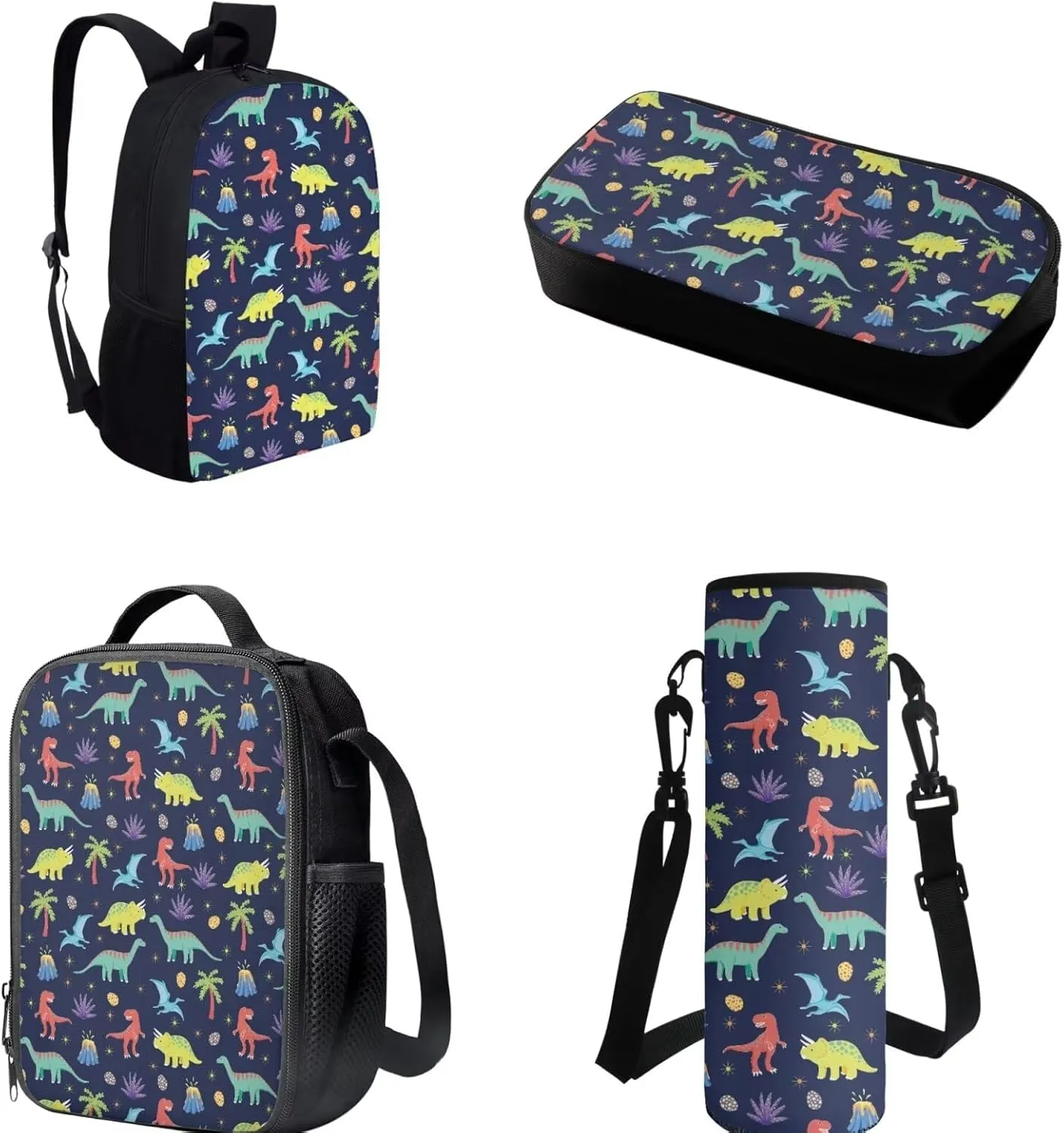 Belidome Cartoon Dinosaur Kids School Backpack Set 4pcs Lunch Pouch Soft Pencil Case 500-700ml Bottle Holder Bag