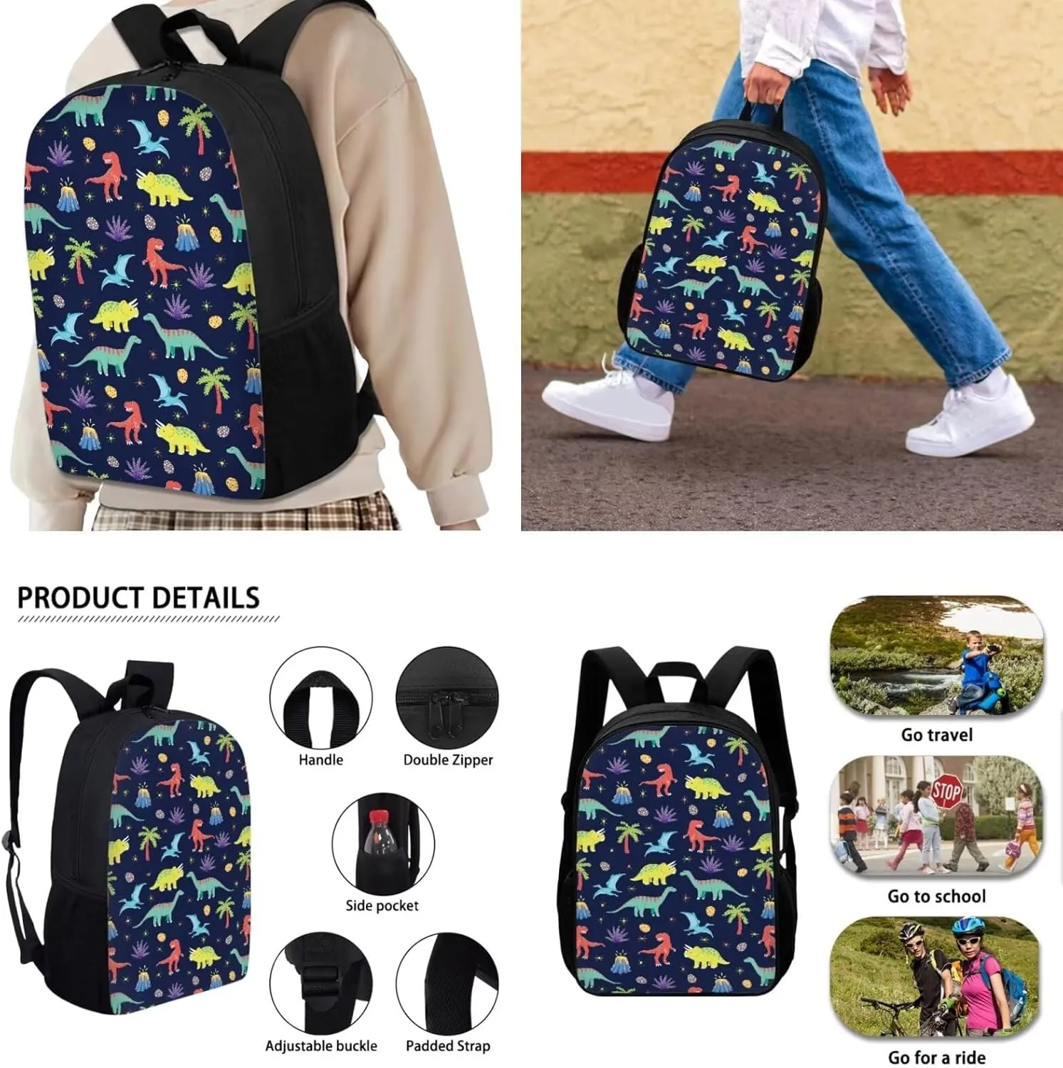 Belidome Cartoon Dinosaur Kids School Backpack Set 4pcs Lunch Pouch Soft Pencil Case 500-700ml Bottle Holder Bag