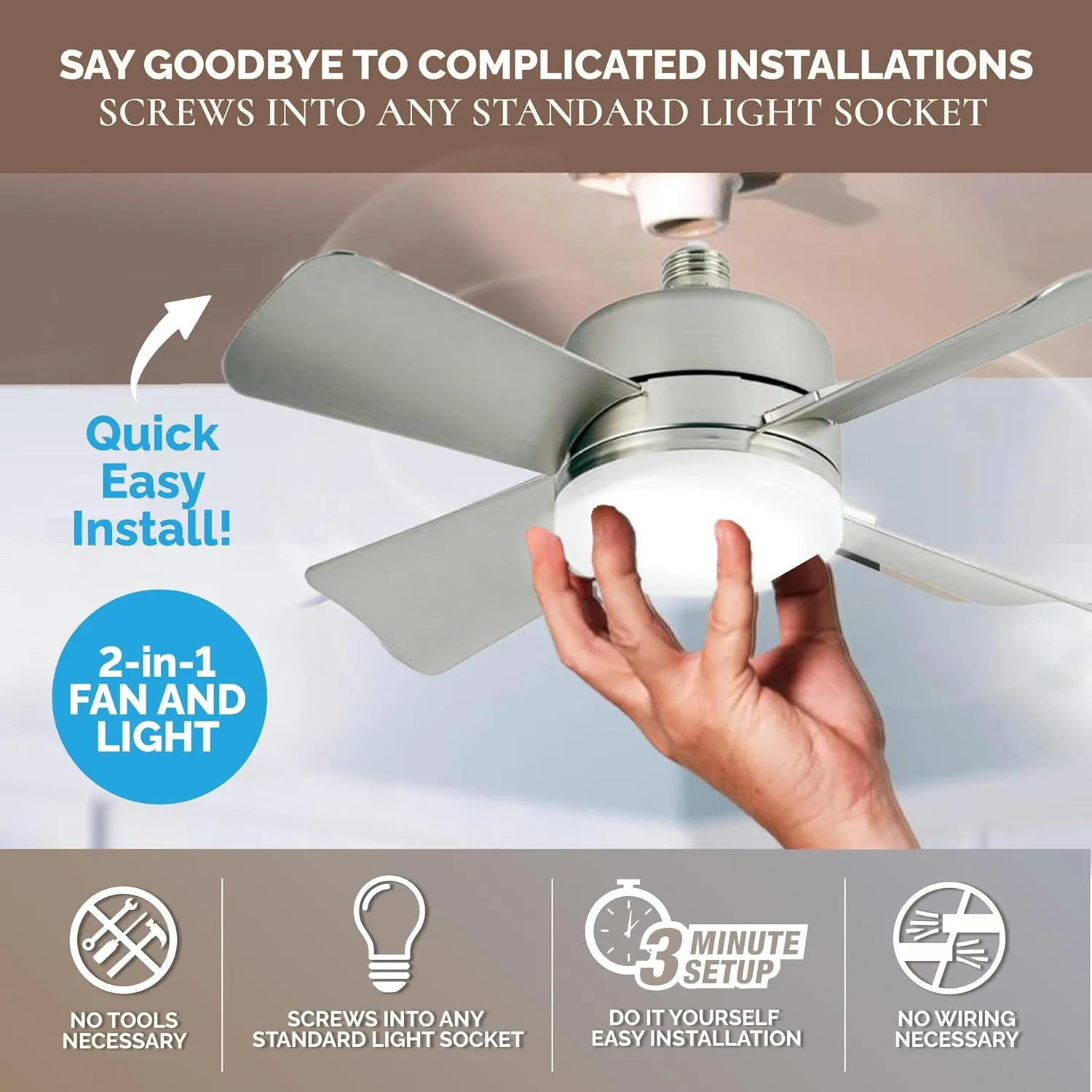 Bell Howell Socket Breeze Cool Light Deluxe Silver – Ceiling Fans with LED Lights and Remote Control, Replacement for Lightbulb - Bedroom, Kitchen, Living Room,1000 Lumens / 5000 Kelvins