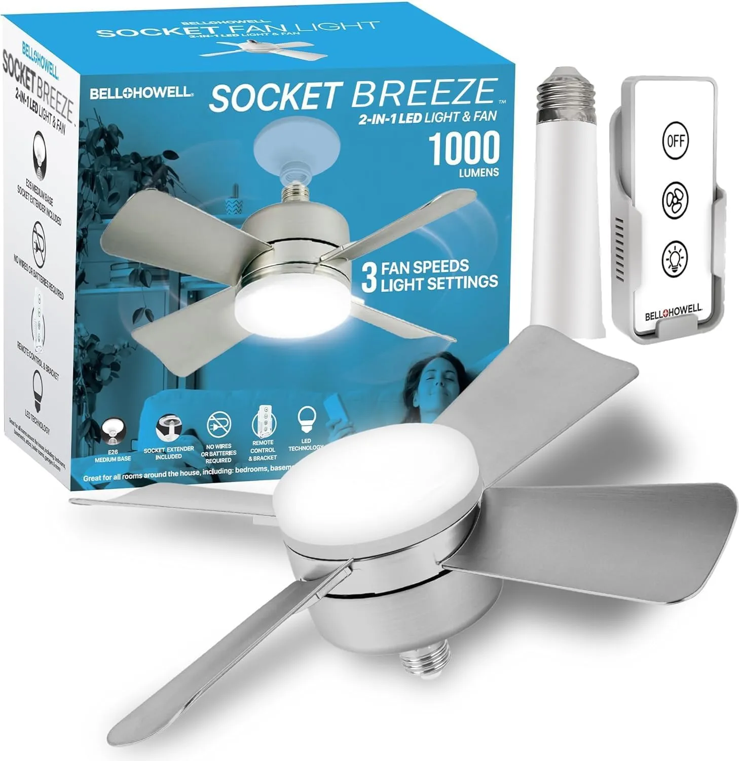 Bell Howell Socket Breeze Cool Light Deluxe Silver – Ceiling Fans with LED Lights and Remote Control, Replacement for Lightbulb - Bedroom, Kitchen, Living Room,1000 Lumens / 5000 Kelvins