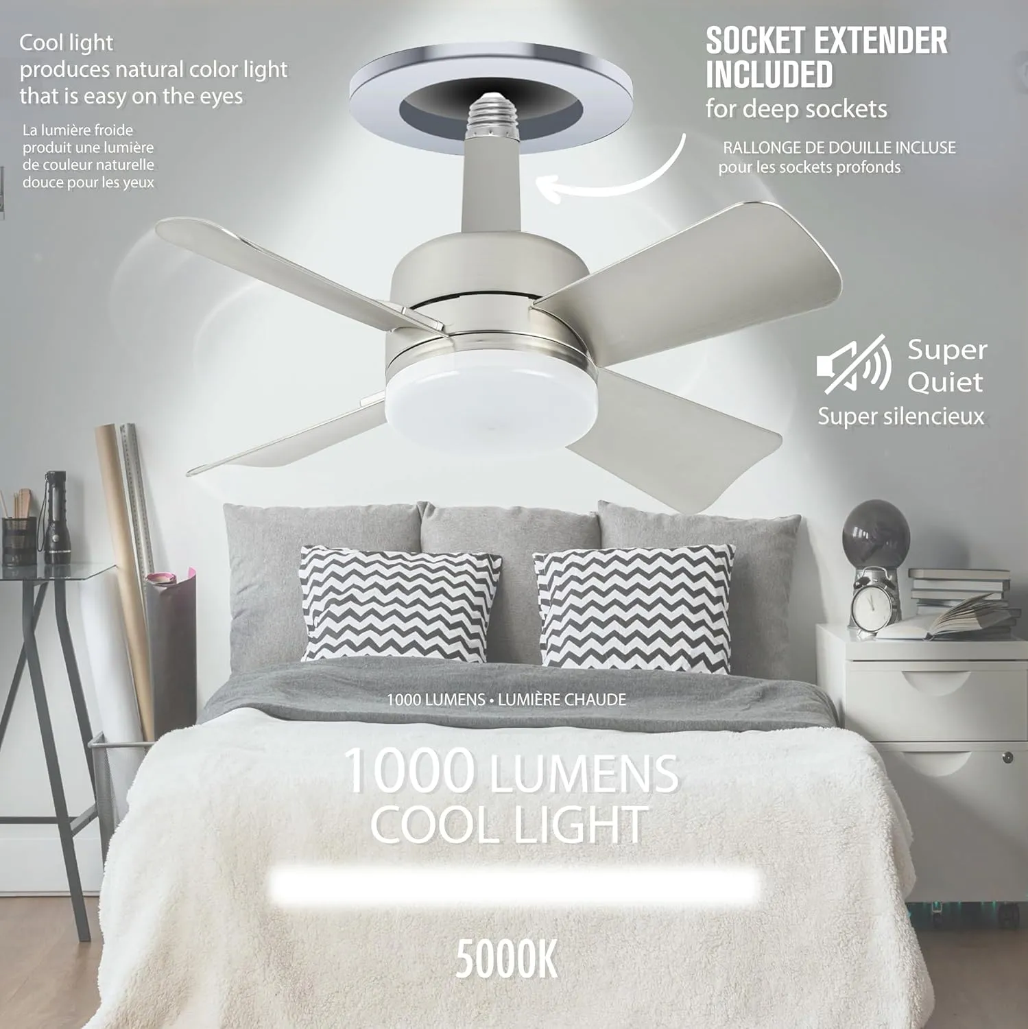 Bell Howell Socket Breeze Cool Light Deluxe Silver – Ceiling Fans with LED Lights and Remote Control, Replacement for Lightbulb - Bedroom, Kitchen, Living Room,1000 Lumens / 5000 Kelvins