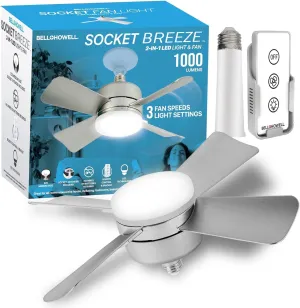 Bell Howell Socket Breeze Cool Light Deluxe Silver – Ceiling Fans with LED Lights and Remote Control, Replacement for Lightbulb - Bedroom, Kitchen, Living Room,1000 Lumens / 5000 Kelvins