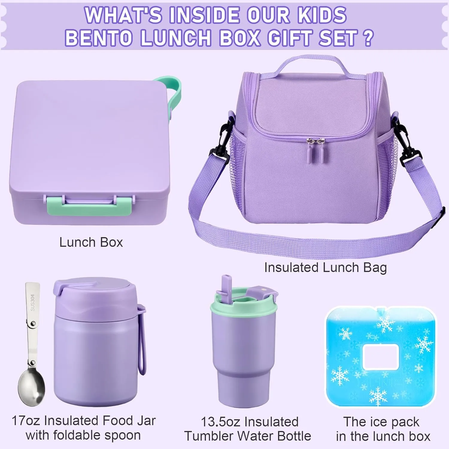 Bento Lunch Box for Kids with 17oz Soup Thermo,Insulated Tumbler Water Bottle and Insulated Lunch Bag,Leak-Proof 3 Compartment Lunch Food Container with with Ice Pack for Kids to School-Purple