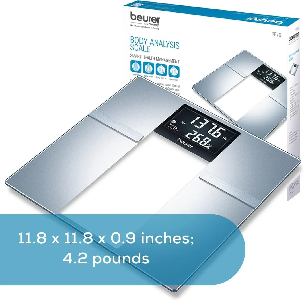 Beurer BF70 Body Fat Scale, Weight, Water & More, Smart Digital Scale for Full Body Analysis, BMI & Calorie Display, App Sync via Bluetooth, User Recognition, 8 Memory Spaces, Grey