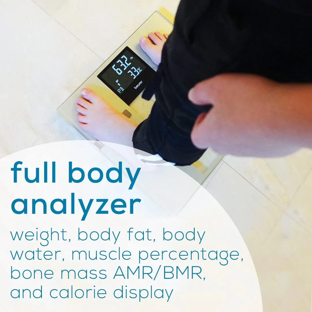 Beurer BF70 Body Fat Scale, Weight, Water & More, Smart Digital Scale for Full Body Analysis, BMI & Calorie Display, App Sync via Bluetooth, User Recognition, 8 Memory Spaces, Grey