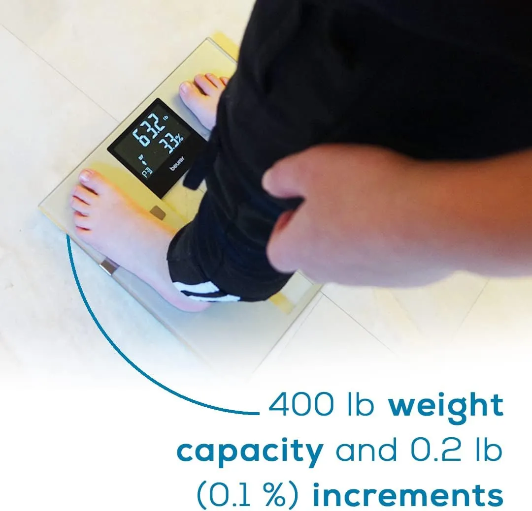 Beurer BF70 Body Fat Scale, Weight, Water & More, Smart Digital Scale for Full Body Analysis, BMI & Calorie Display, App Sync via Bluetooth, User Recognition, 8 Memory Spaces, Grey