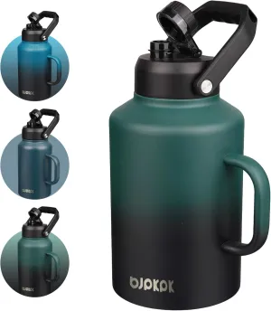 BJPKPK 1 Gallon Water Bottle with Handle, Large Dishwasher Safe 128oz Insulated Water Bottle, BPA Free Water Jug, Wide Mouth Metal Water Bottle with Anti-slip Bottom, Army Green & Black