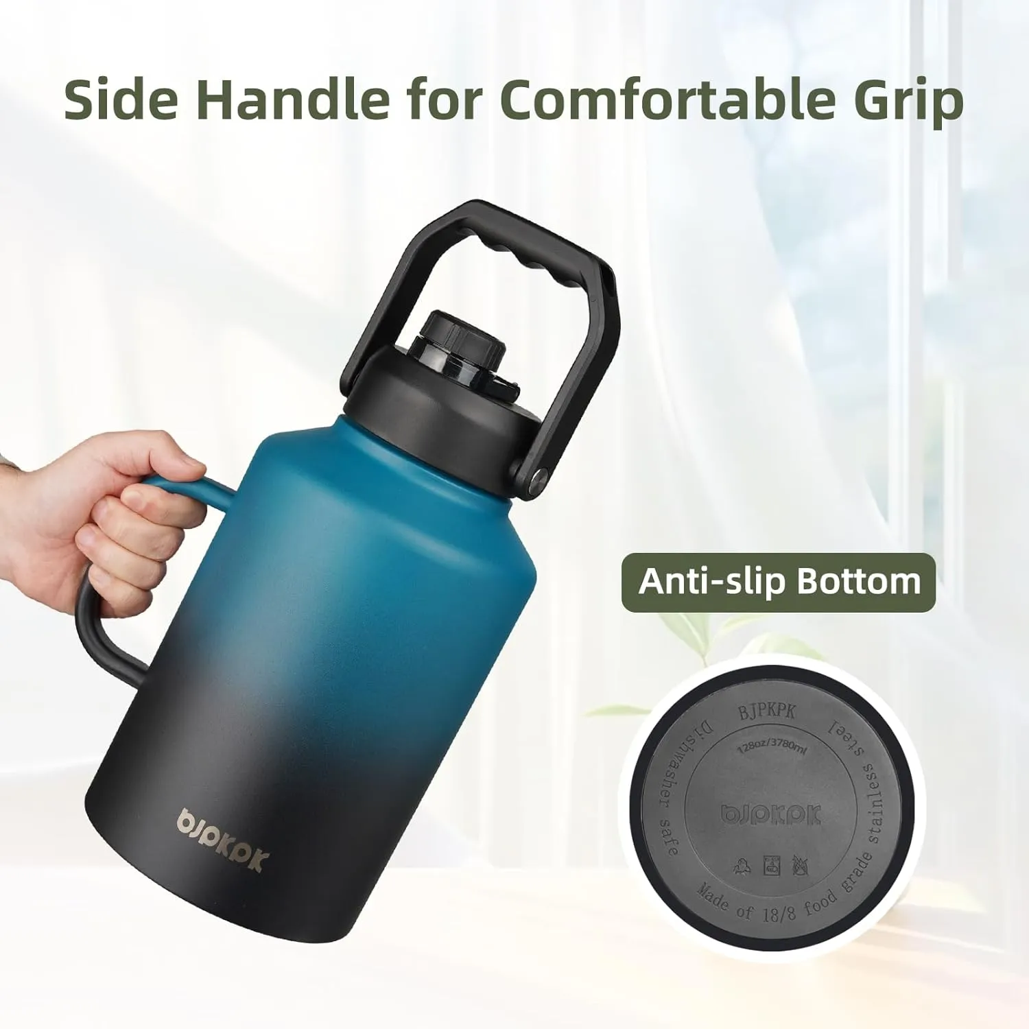 BJPKPK 1 Gallon Water Bottle with Handle, Large Dishwasher Safe 128oz Insulated Water Bottle, BPA Free Water Jug, Wide Mouth Metal Water Bottle with Anti-slip Bottom, Army Green & Black