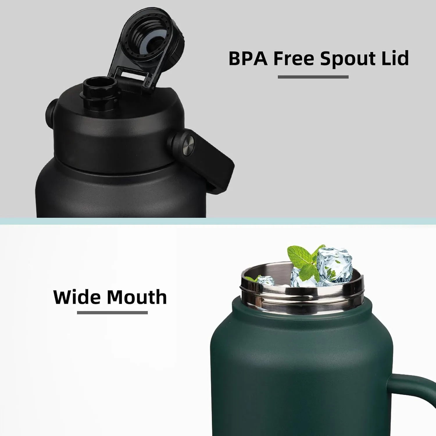 BJPKPK 1 Gallon Water Bottle with Handle, Large Dishwasher Safe 128oz Insulated Water Bottle, BPA Free Water Jug, Wide Mouth Metal Water Bottle with Anti-slip Bottom, Army Green & Black