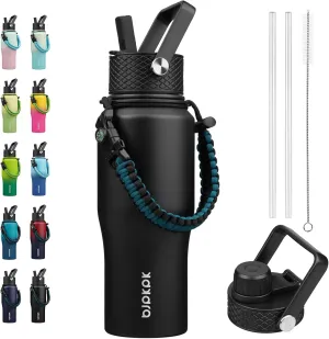 BJPKPK Insulated Water Bottles with Straw Lid, 23oz Metal Water Bottle with 2 lids & Paracord Strap, Double Wall Stainless Steel Vacuum Tumblers, Cups, Mugs, Thermos for Hot& Cold Drinks, Black