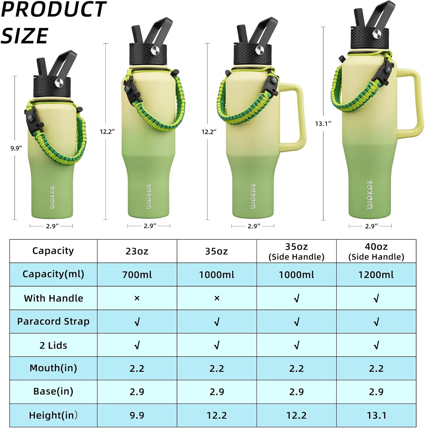 BJPKPK Insulated Water Bottles with Straw Lid, 23oz Metal Water Bottle with 2 lids & Paracord Strap, Double Wall Stainless Steel Vacuum Tumblers, Cups, Mugs, Thermos for Hot& Cold Drinks, Fresh Green