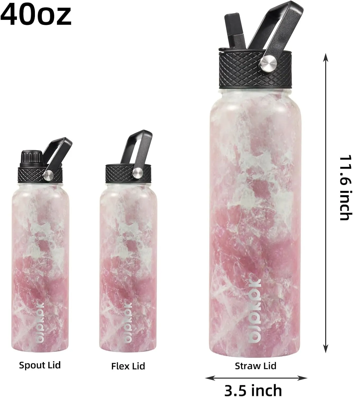 BJPKPK Insulated Water Bottles with Straw Lid, 40oz Stainless Steel Water Bottles with 3 Lids, BPA Free Leakproof Thermos, Tumblers, Cups for Sports, Gym- Blossom