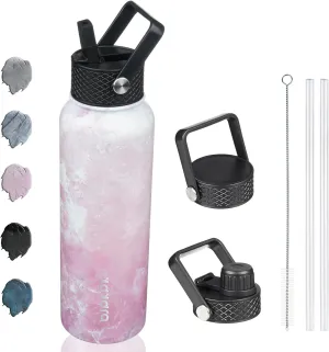 BJPKPK Insulated Water Bottles with Straw Lid, 40oz Stainless Steel Water Bottles with 3 Lids, BPA Free Leakproof Thermos, Tumblers, Cups for Sports, Gym- Blossom