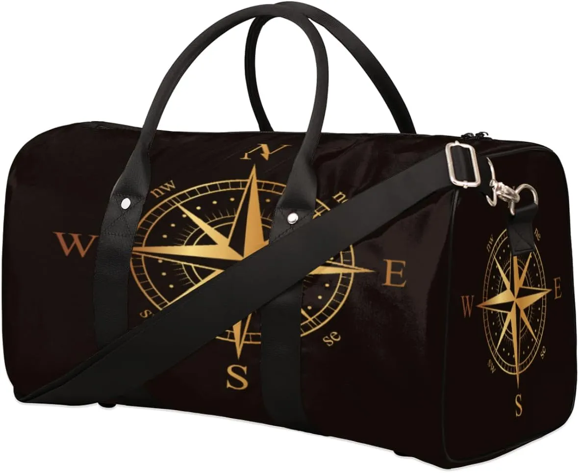 Black And Gold Compass Travel Duffel Bag, Foldable Sport Gym Tote Bag, Waterproof Weekender Overnight Bag with Shoulder Strap, Carry On Luggage Handbag for Men and Women