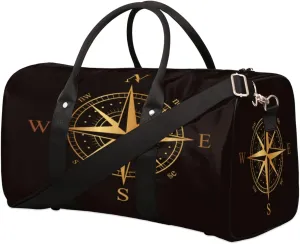 Black And Gold Compass Travel Duffel Bag, Foldable Sport Gym Tote Bag, Waterproof Weekender Overnight Bag with Shoulder Strap, Carry On Luggage Handbag for Men and Women