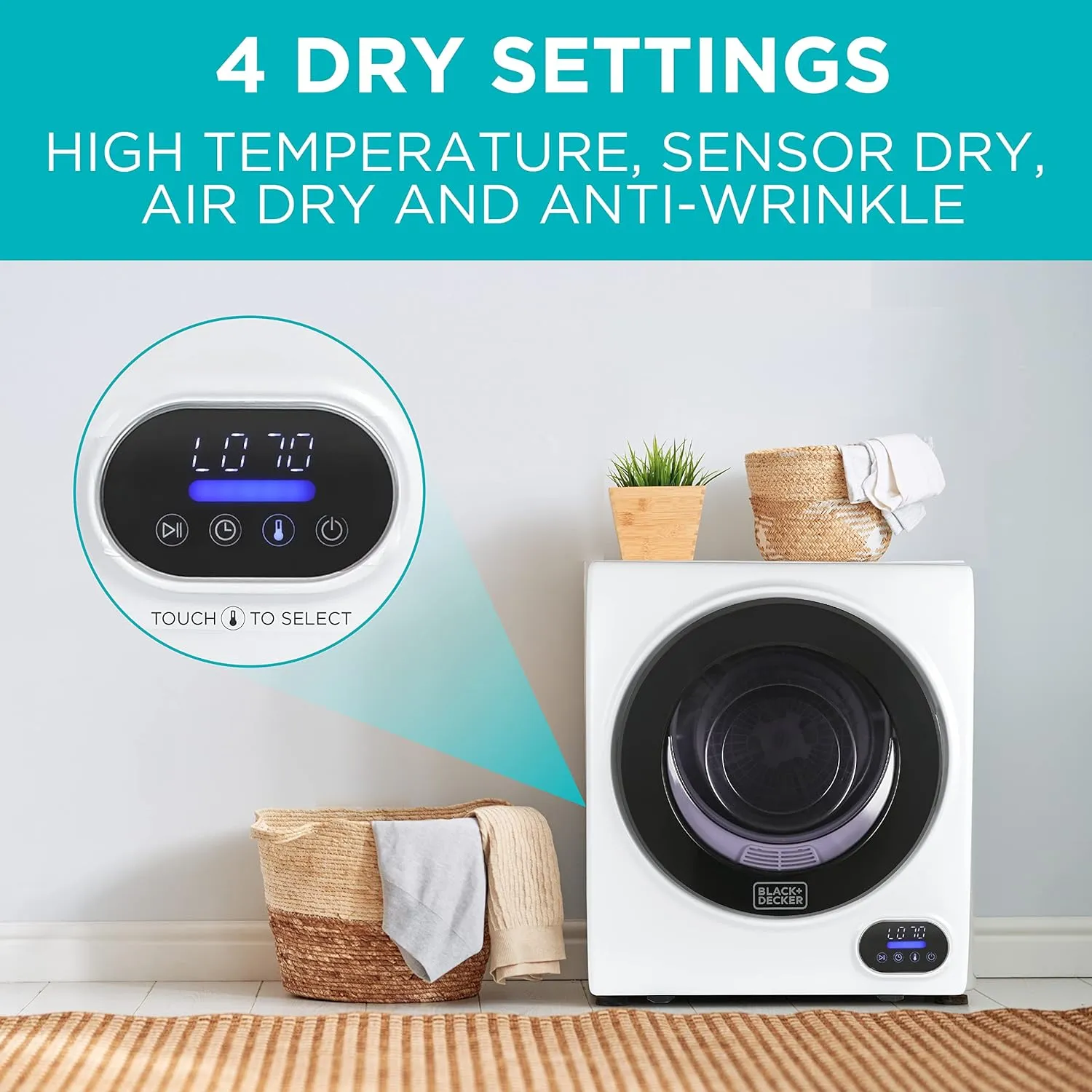 BLACK DECKER Compact Clothes Dryer, 1.5 Cu. Ft. 850W Electric Dryer, 120V Vented Portable Dryer with Stainless Steel Drum, for 5.5 lbs. of clothing for Standard Wall Outlet