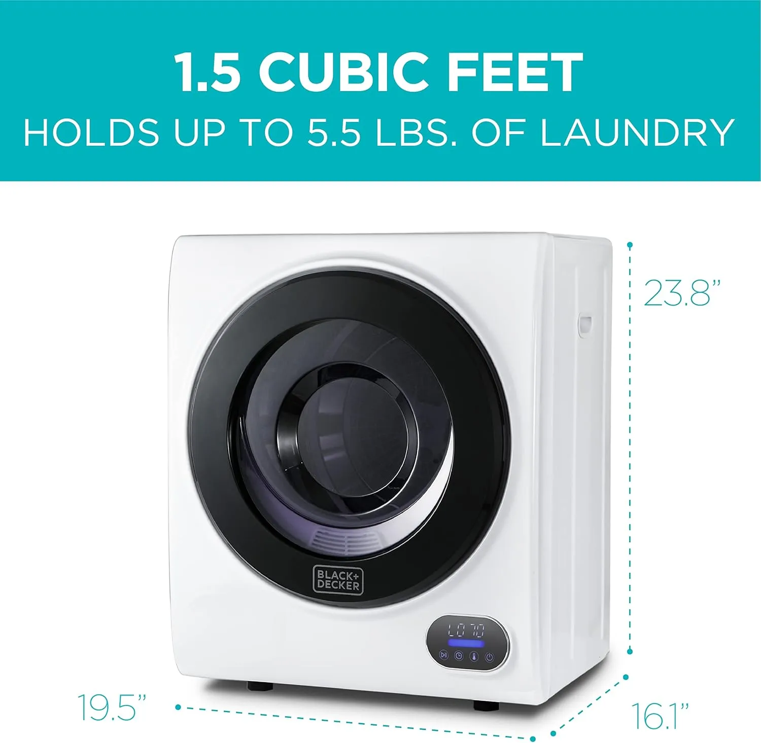 BLACK DECKER Compact Clothes Dryer, 1.5 Cu. Ft. 850W Electric Dryer, 120V Vented Portable Dryer with Stainless Steel Drum, for 5.5 lbs. of clothing for Standard Wall Outlet