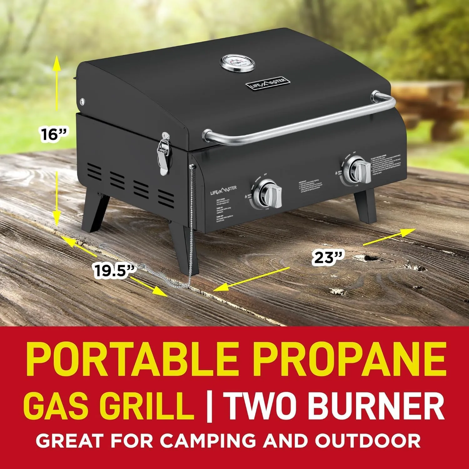 Black Portable Gas Grill, Dual 10,000 BTU Burners, 275 Sq.In Cooking Space, Push-to-Start Ignition, Wind-Proof Lid with Built-in Thermometer, Perfect for Camping Tailgates & Backyard BBQ Cookouts
