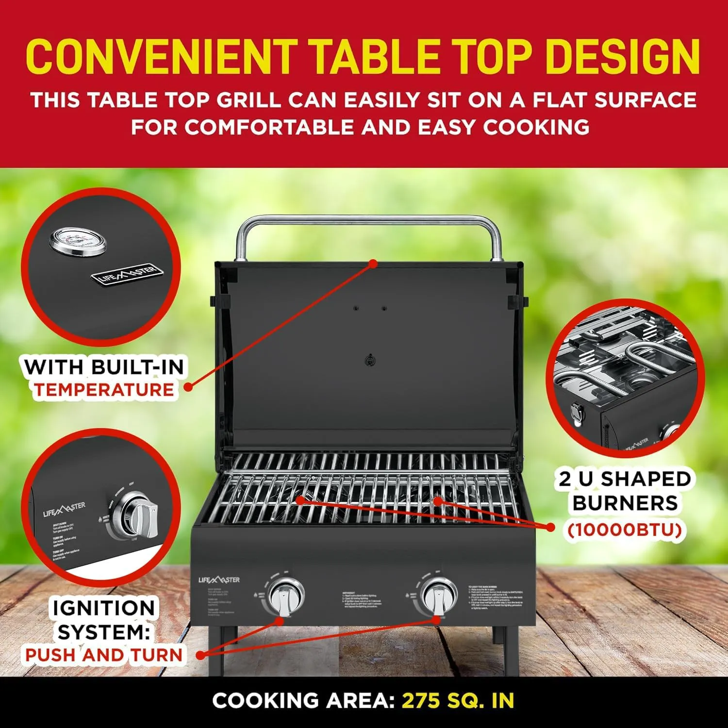 Black Portable Gas Grill, Dual 10,000 BTU Burners, 275 Sq.In Cooking Space, Push-to-Start Ignition, Wind-Proof Lid with Built-in Thermometer, Perfect for Camping Tailgates & Backyard BBQ Cookouts
