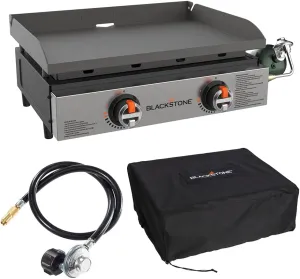 Blackstone 22" Omnivore Tabletop Outdoor Griddle Travel Bundle - Dual Stainless Steel H-Burners, 24,000 BTUs - Includes Propane Adapter and Soft Cover