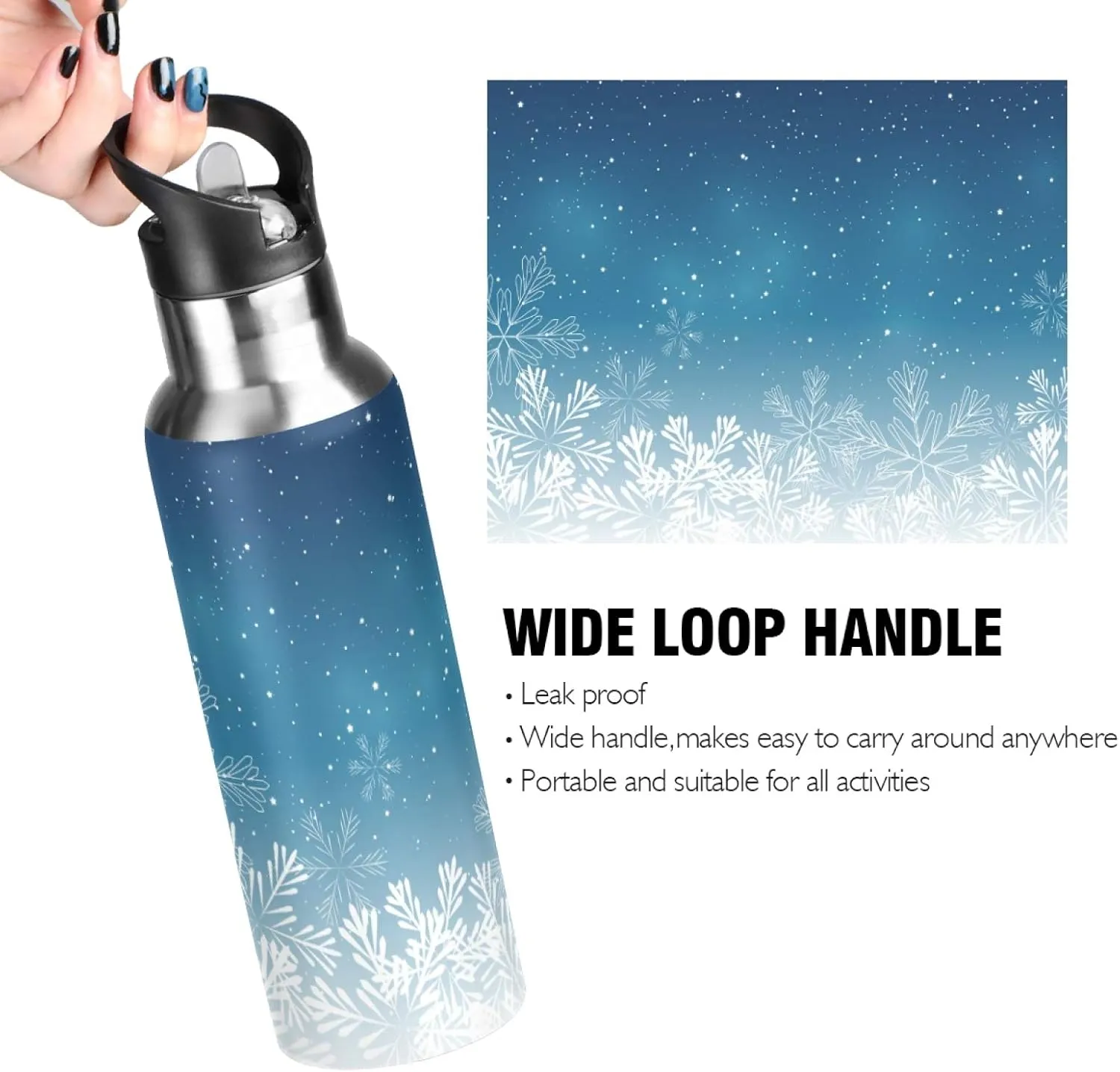 Blue Christmas Snowflake Sports Water Bottle, 22 Oz BPA Free Non-Toxic Stainless Steel Water Bottle with Straw for Gym Yoga Fitness Camping