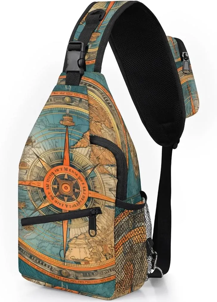 Blue Compass Painted Sling Bag for Women Men, Waterproof Crossbody Sling Backpack Travel Outdoor Sports Chest Bag