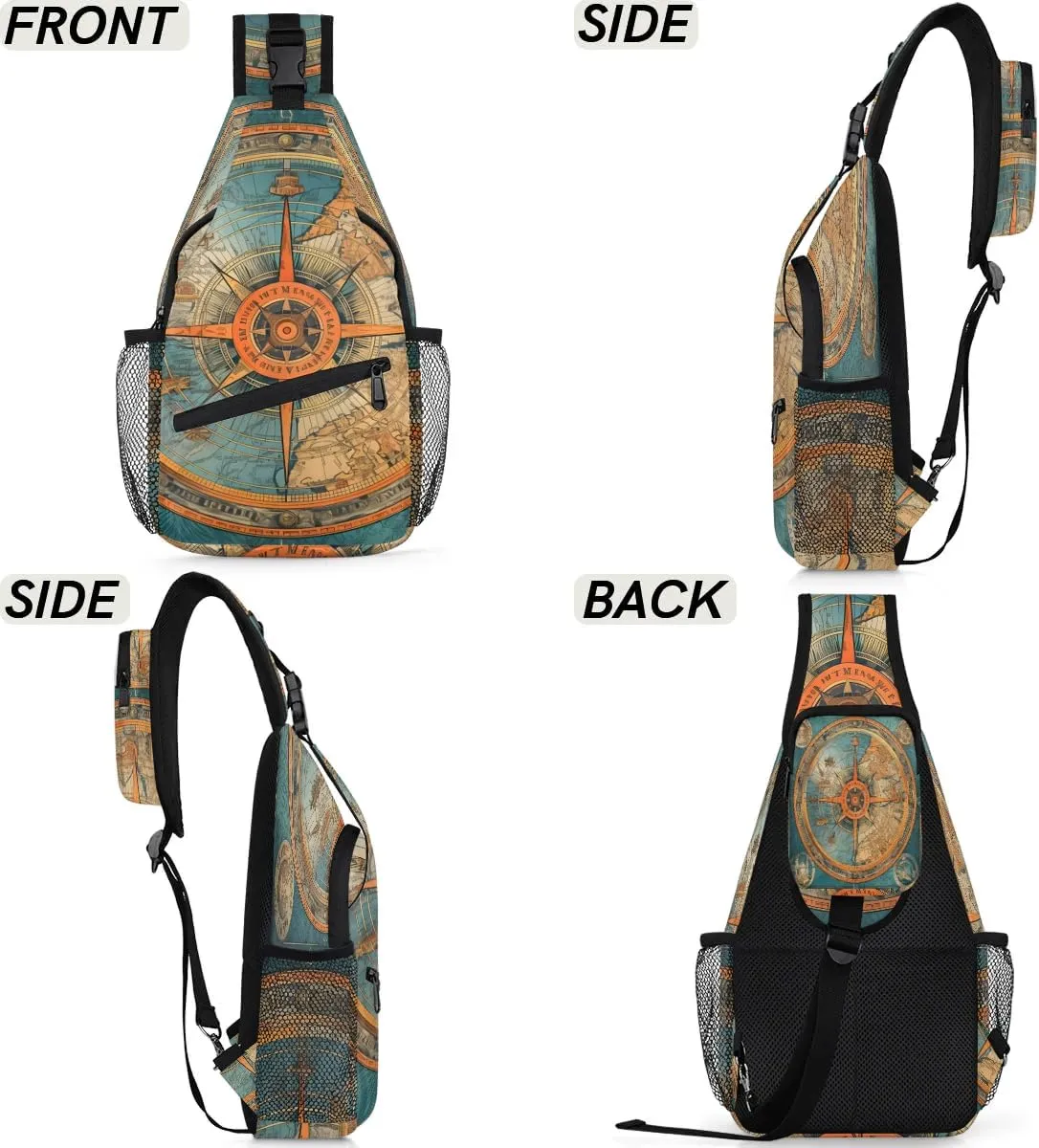 Blue Compass Painted Sling Bag for Women Men, Waterproof Crossbody Sling Backpack Travel Outdoor Sports Chest Bag