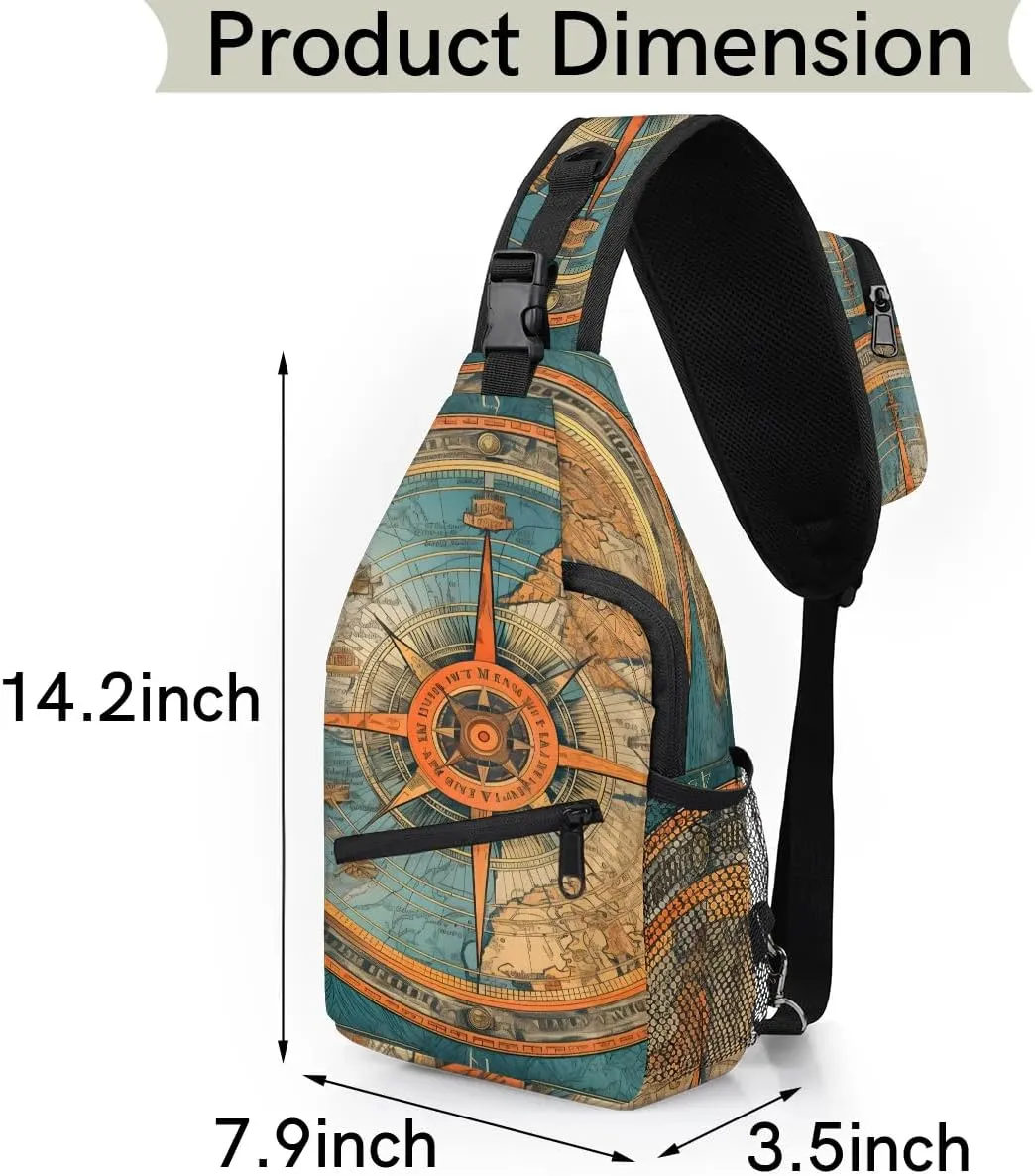 Blue Compass Painted Sling Bag for Women Men, Waterproof Crossbody Sling Backpack Travel Outdoor Sports Chest Bag