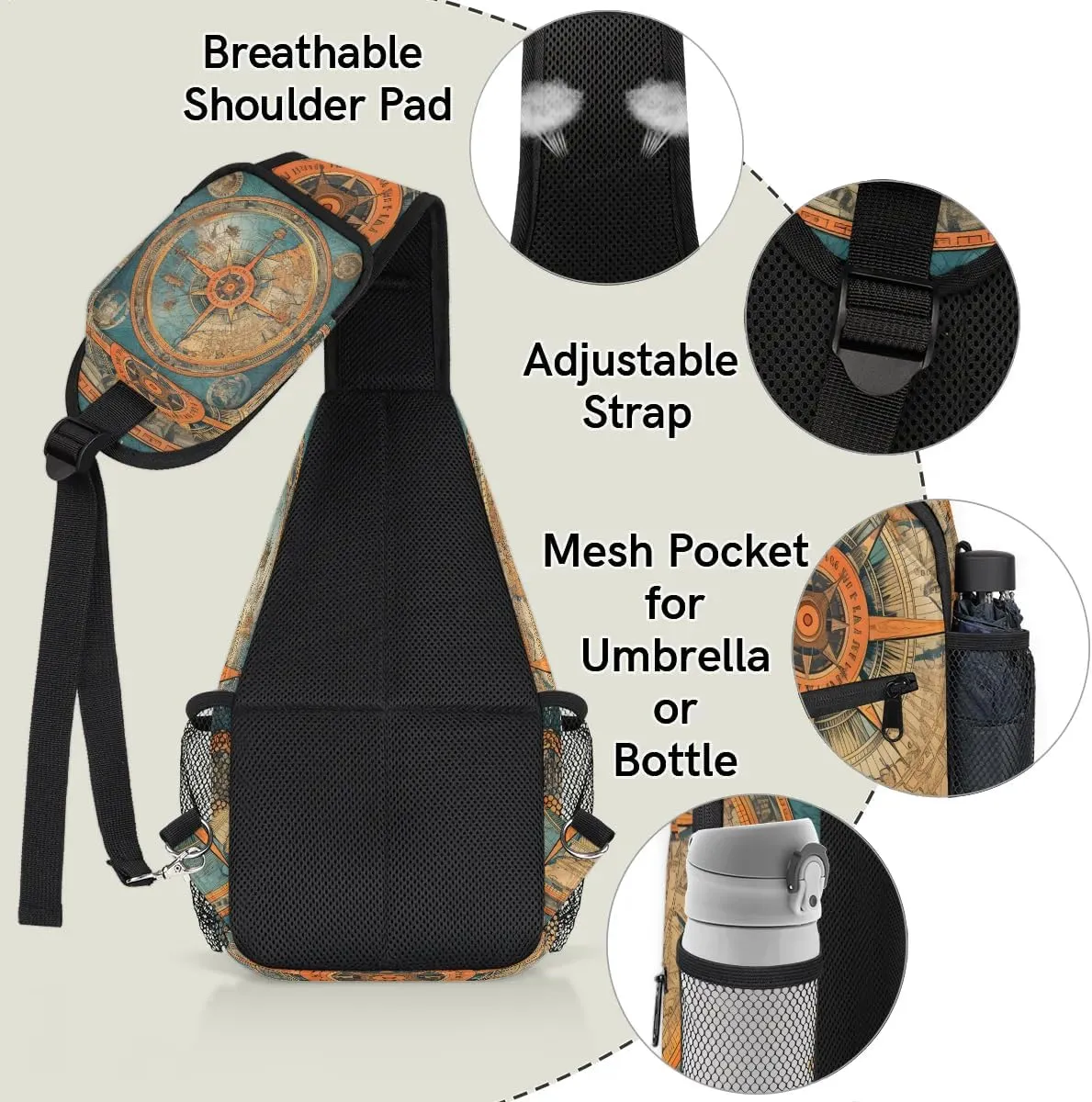 Blue Compass Painted Sling Bag for Women Men, Waterproof Crossbody Sling Backpack Travel Outdoor Sports Chest Bag