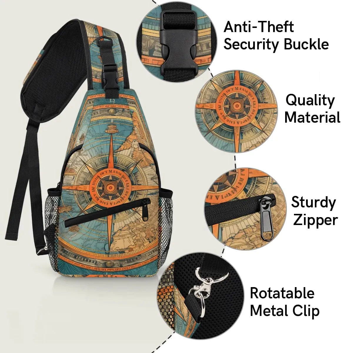 Blue Compass Painted Sling Bag for Women Men, Waterproof Crossbody Sling Backpack Travel Outdoor Sports Chest Bag