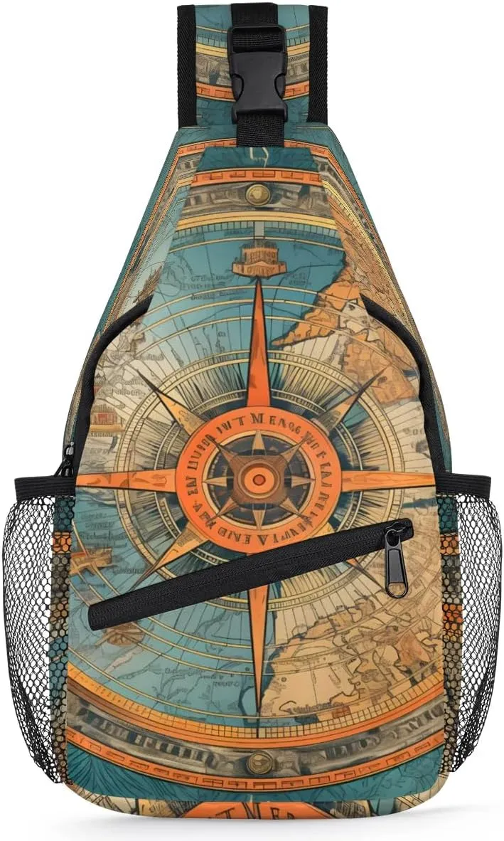 Blue Compass Painted Sling Bag for Women Men, Waterproof Crossbody Sling Backpack Travel Outdoor Sports Chest Bag